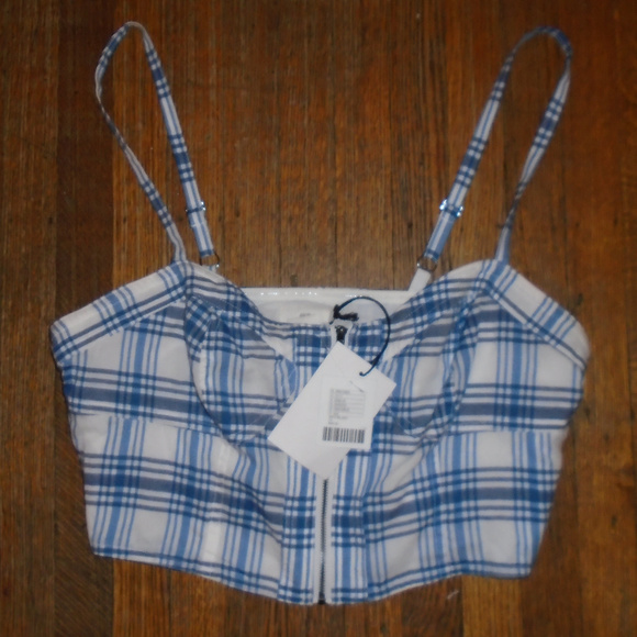 UO Alice Blue & White Zip Up Crop Top - Picture 3 of 4